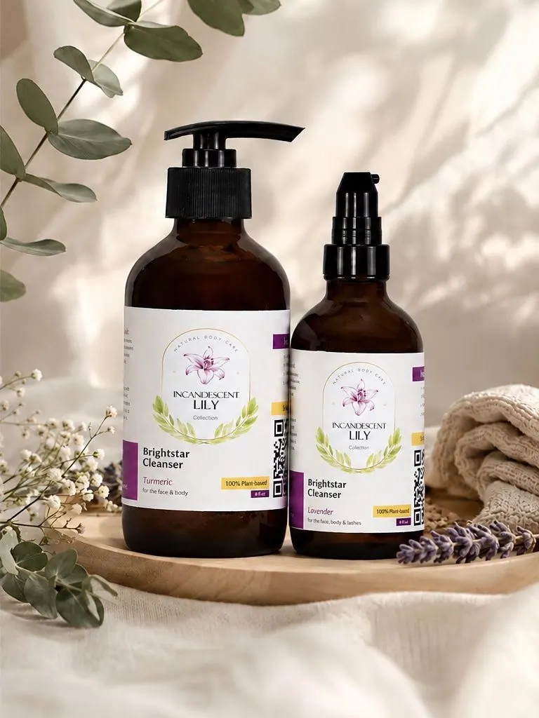 Brightstar Manuka Honey Cleanser on a wooden tray with lavender and eucalyptus