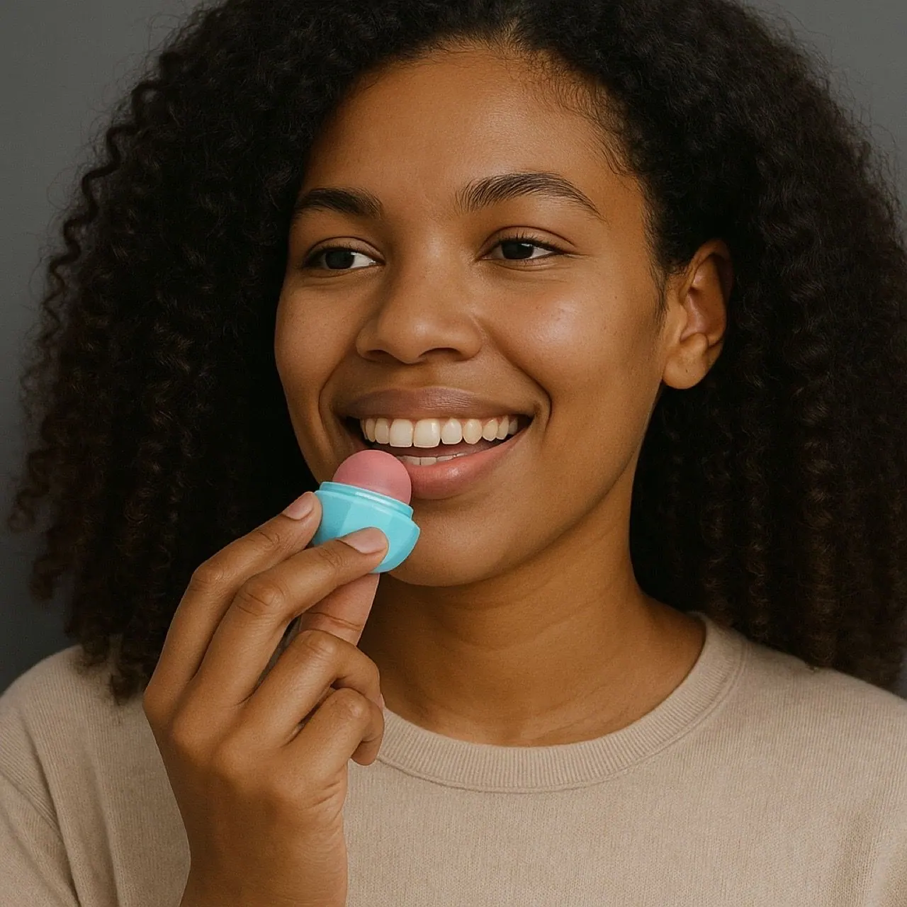 A smiling woman applying Lip Love balm