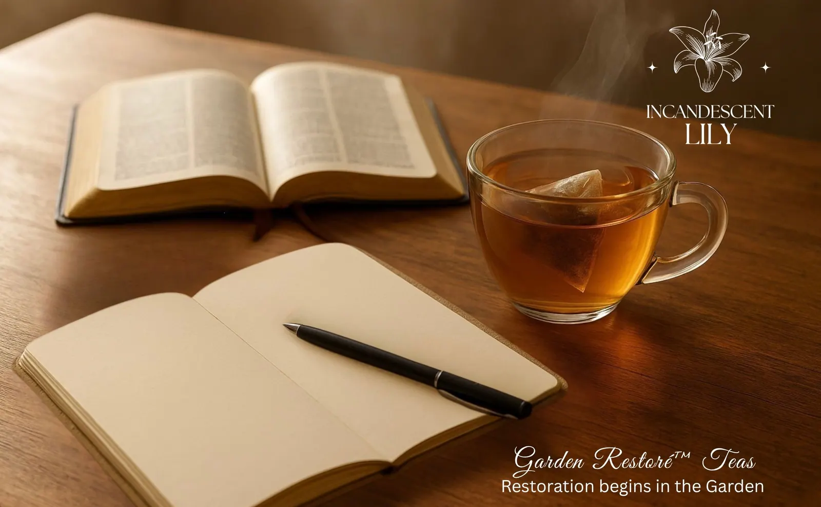 An open Bible and journal beside a cup of Garden Restoré tea