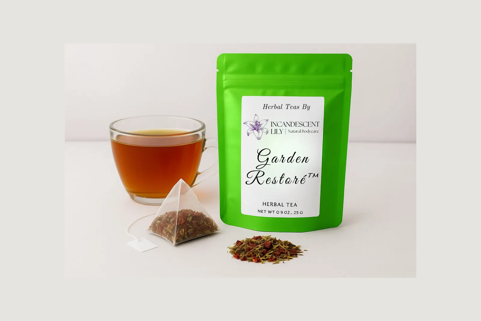 Garden Restoré tea pouch with a steeped cup